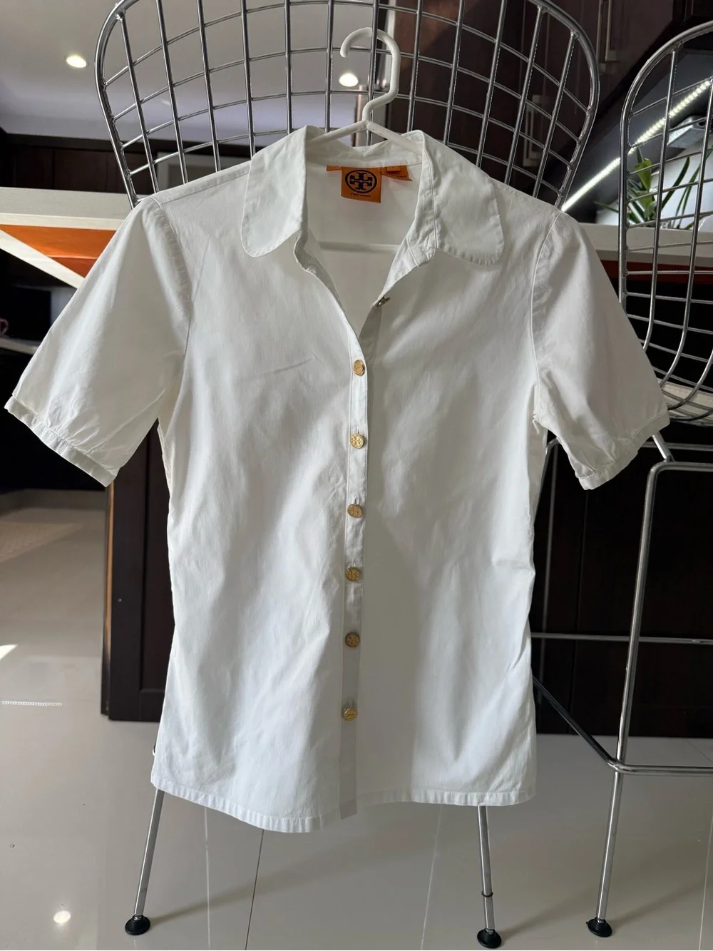 Tory Burch White Short-Sleeve Button-Down with Gold Buttons